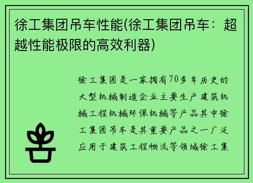 徐工集团吊车性能(徐工集团吊车：超越性能极限的高效利器)